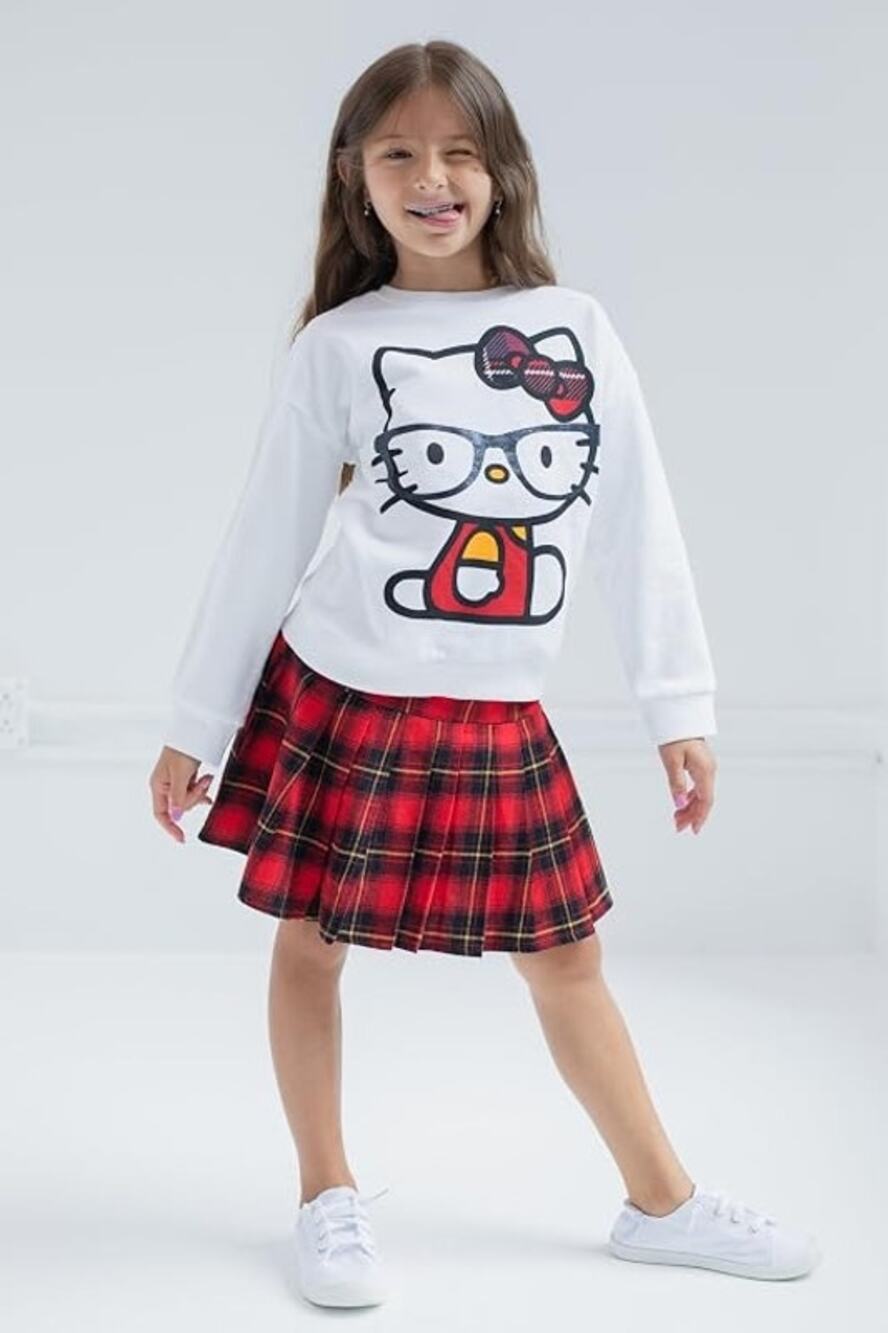 Hello Kitty Girls 10-12 Red Black Tartan Plaid Cotton Pleated Skirt Preppy D8-7